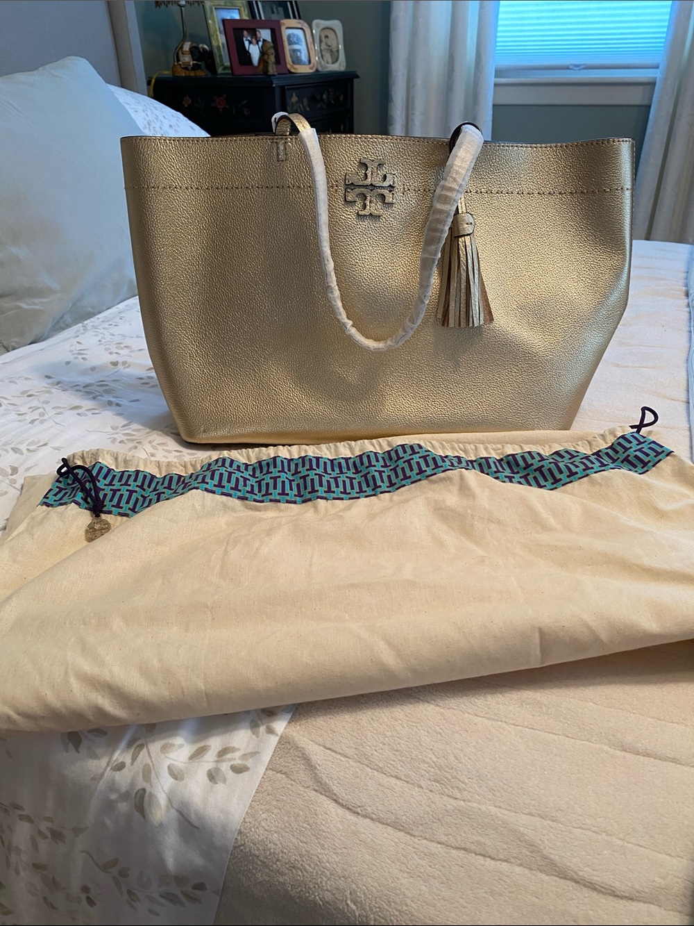 NWT Tory Burch Metallic Gold Leather Tote with Tassel Charm